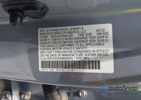 2022 Honda Pilot 2Wd Sport из США, поврежденный, VIN 5FNYF5H33NB026470